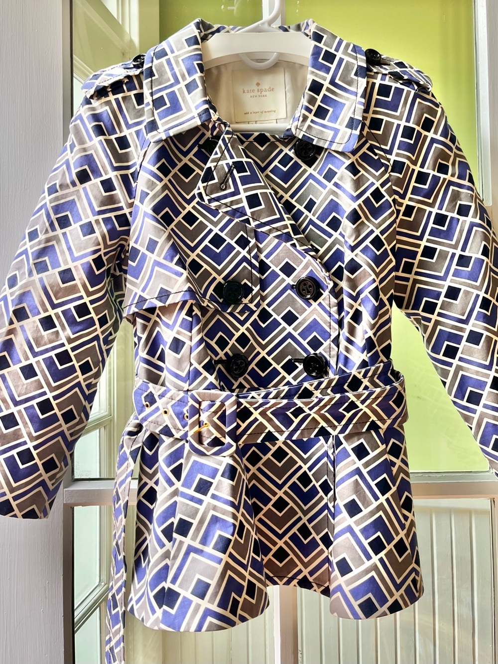Kate Spade Lettie Trench Coat Geometric-Print Blue & Gray Women’s Belted Coat - Picture 7 of 11